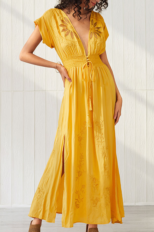 Yellow Slit Embroidered Maxi Dress - Mislish
