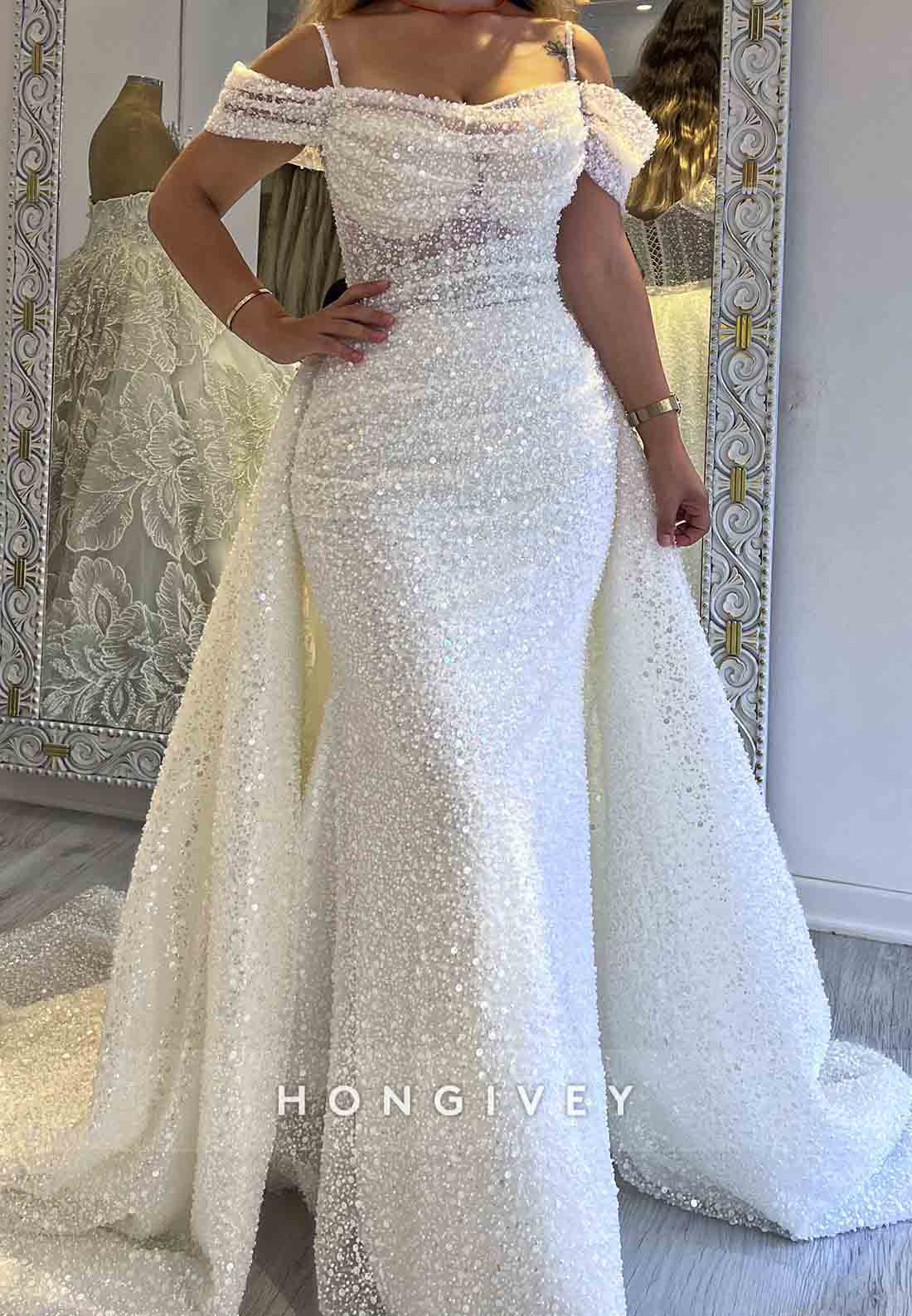 Detachable Court Train Sheath Sequined Pleated Regular Straps Wedding Dresses