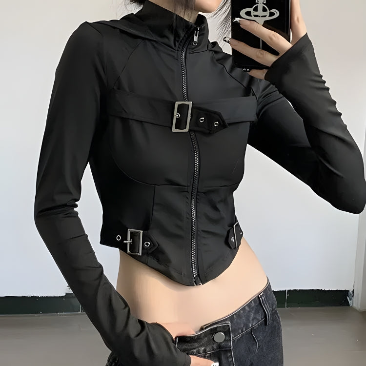 Cyberpunk Belted Zip-Up Crop Jacket 3