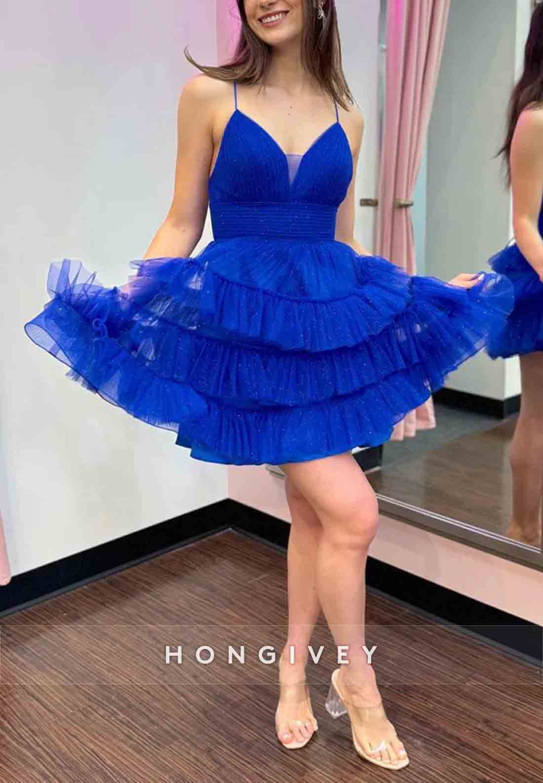 Spaghetti Straps V-Neck Ruched Sleeveless Tie Back Short Homecoming Dresses