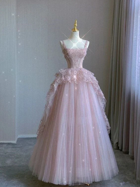 Pretty Ball Gown Strapless Pink Long Lace Prom Dresses Formal Evening Dress