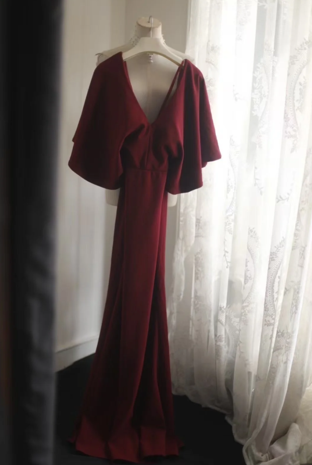 Vintage V Neck Burgundy Satin Mermaid Evening Dress Backless Long Birthday Party Dress D1272