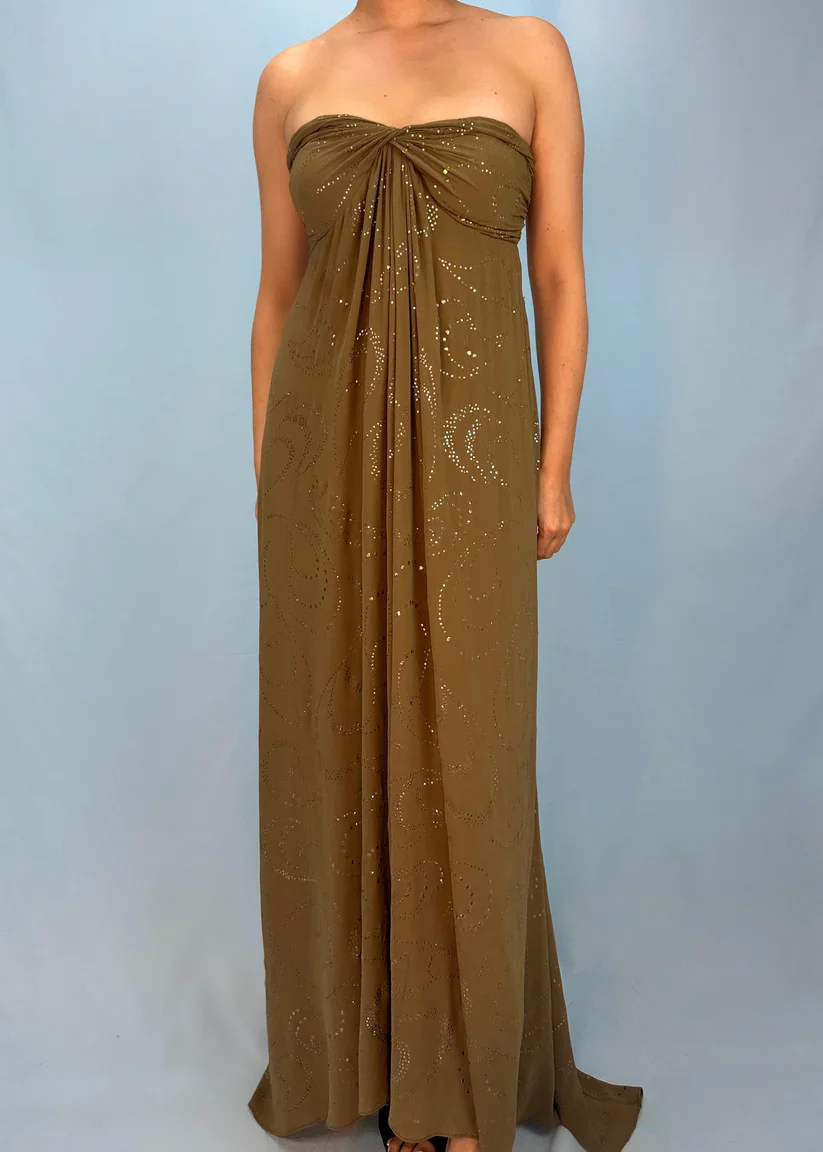 Vintage Matcha Green Strapless Satin Sequin Mermaid Evening Dress Long Birthday Party Gown D1389