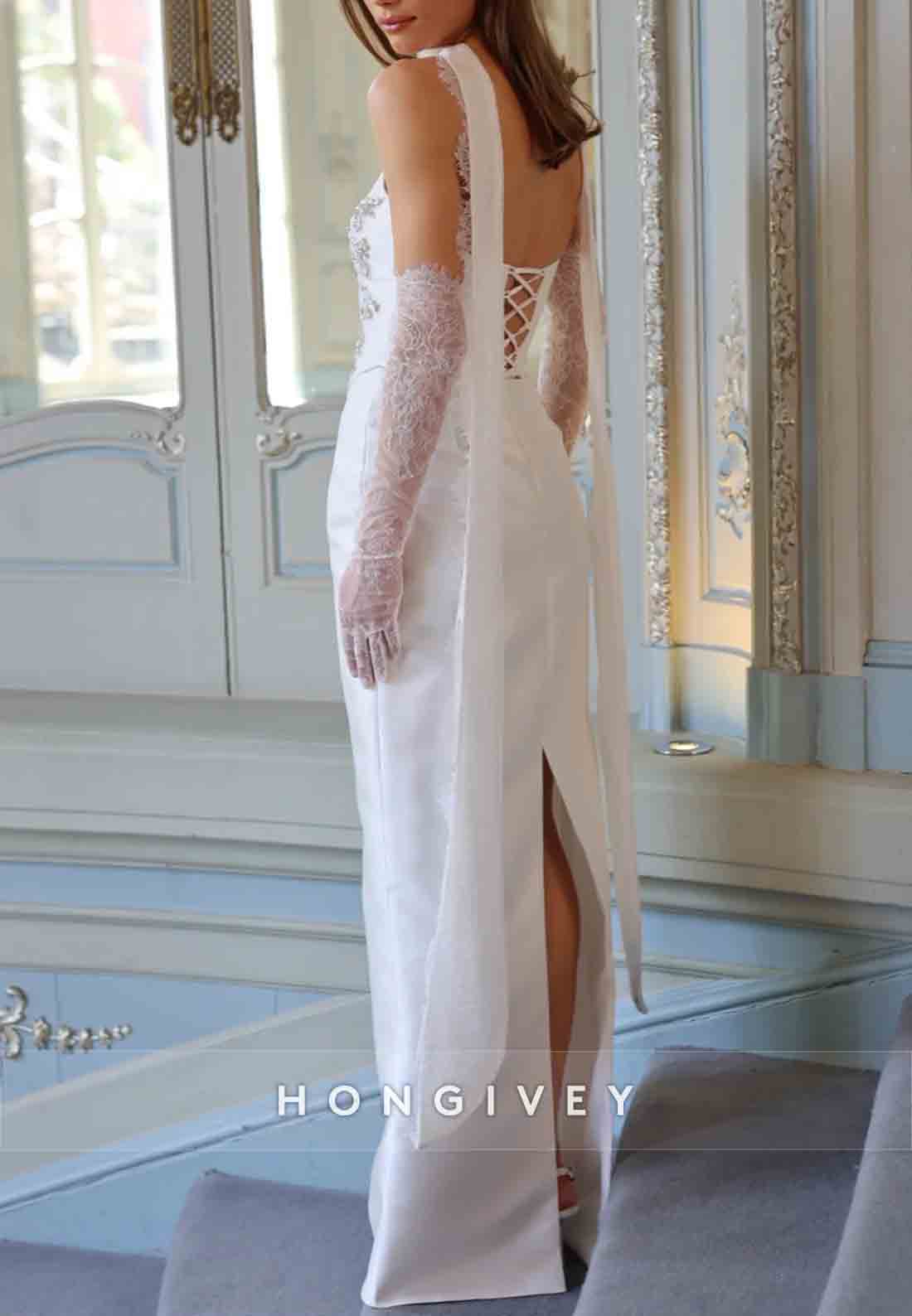 Strapless Crisscross Back Lace Sleeves Appliqued Column Wedding Dressesaa