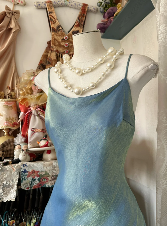 Vintage Spaghetti Straps Satin Mermaid Blue Long Party Dress Wedding Guest Dress D1646