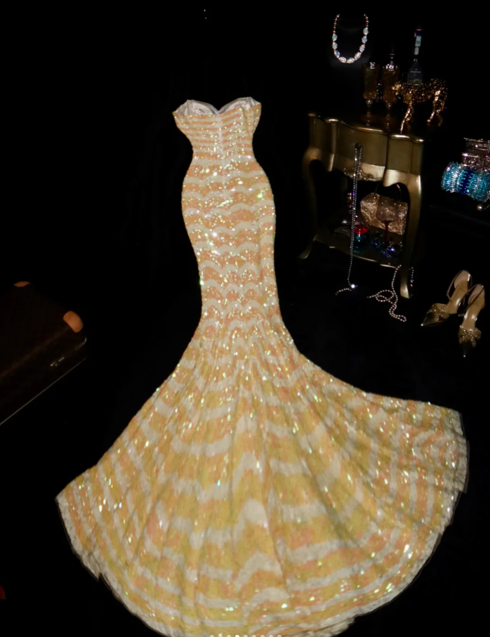 Unique Spaghetti Straps Yellow Sequin Mermaid Long Party Dress Evening Dress D932