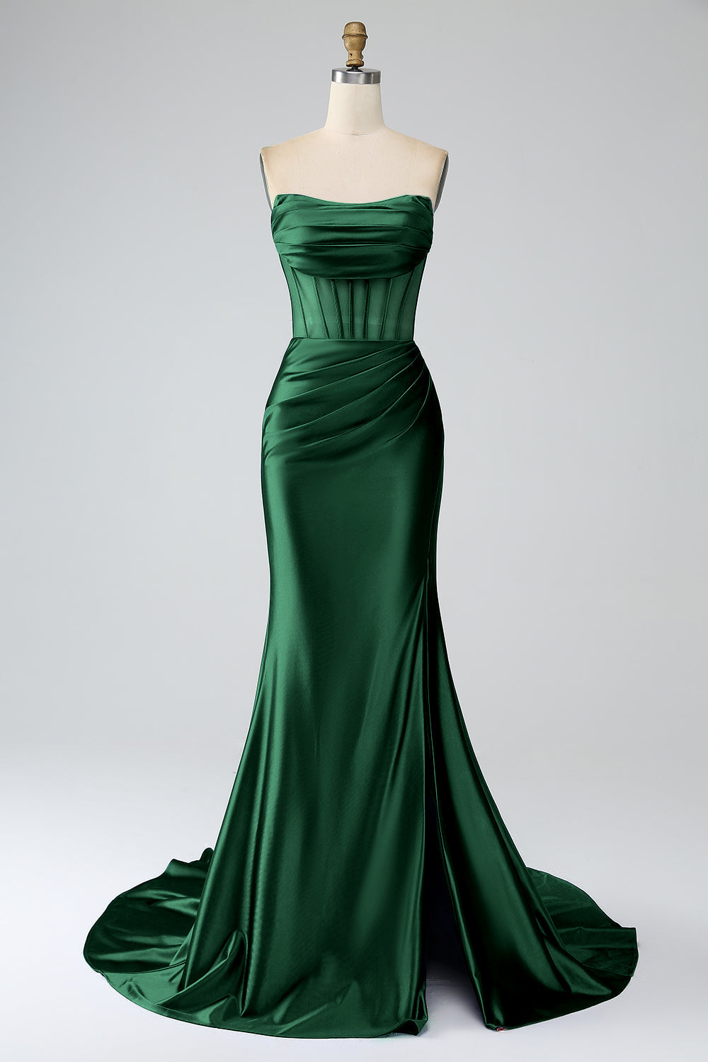 Royal Blue Mermaid Strapless Pleated Corset Long Prom Dress with Slit