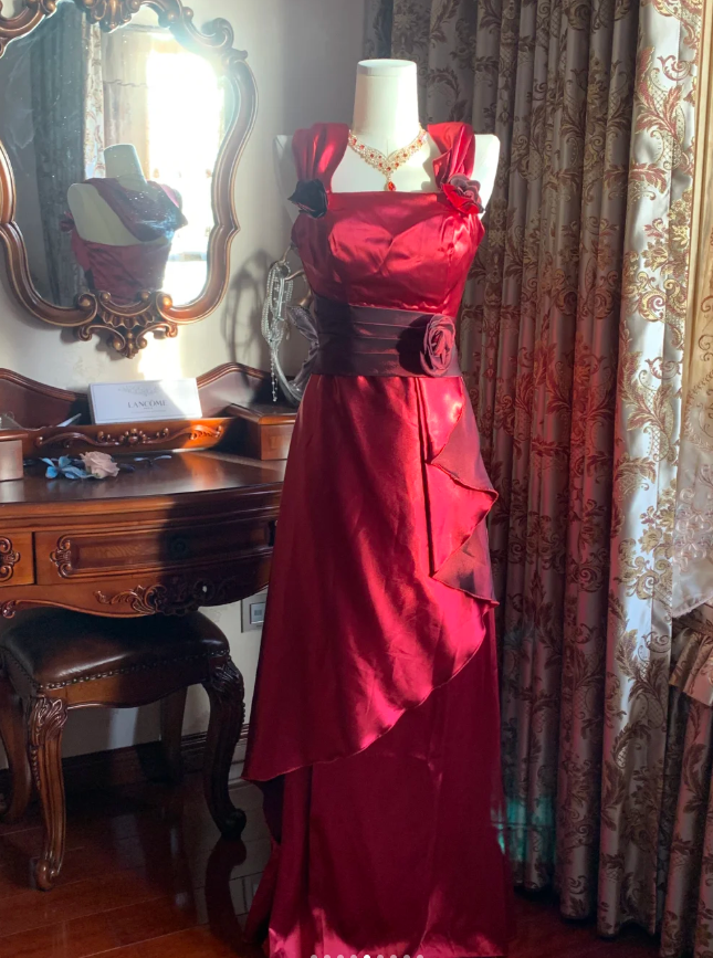 Stylish Burgundy Satin Ruffles Long Party Dress Evening Gown D1777