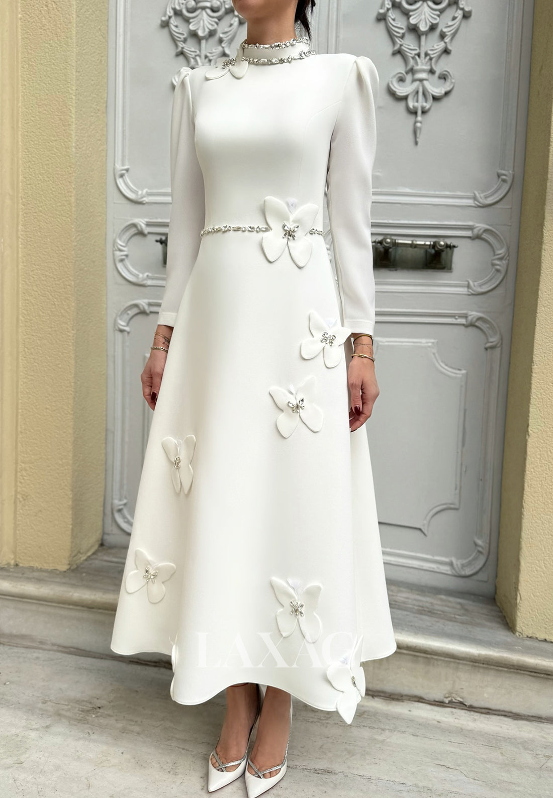 Beaded High-Neck Long-Sleeves Bride Gowns Butterfly Embellished Ankle-Length Wedding Dress