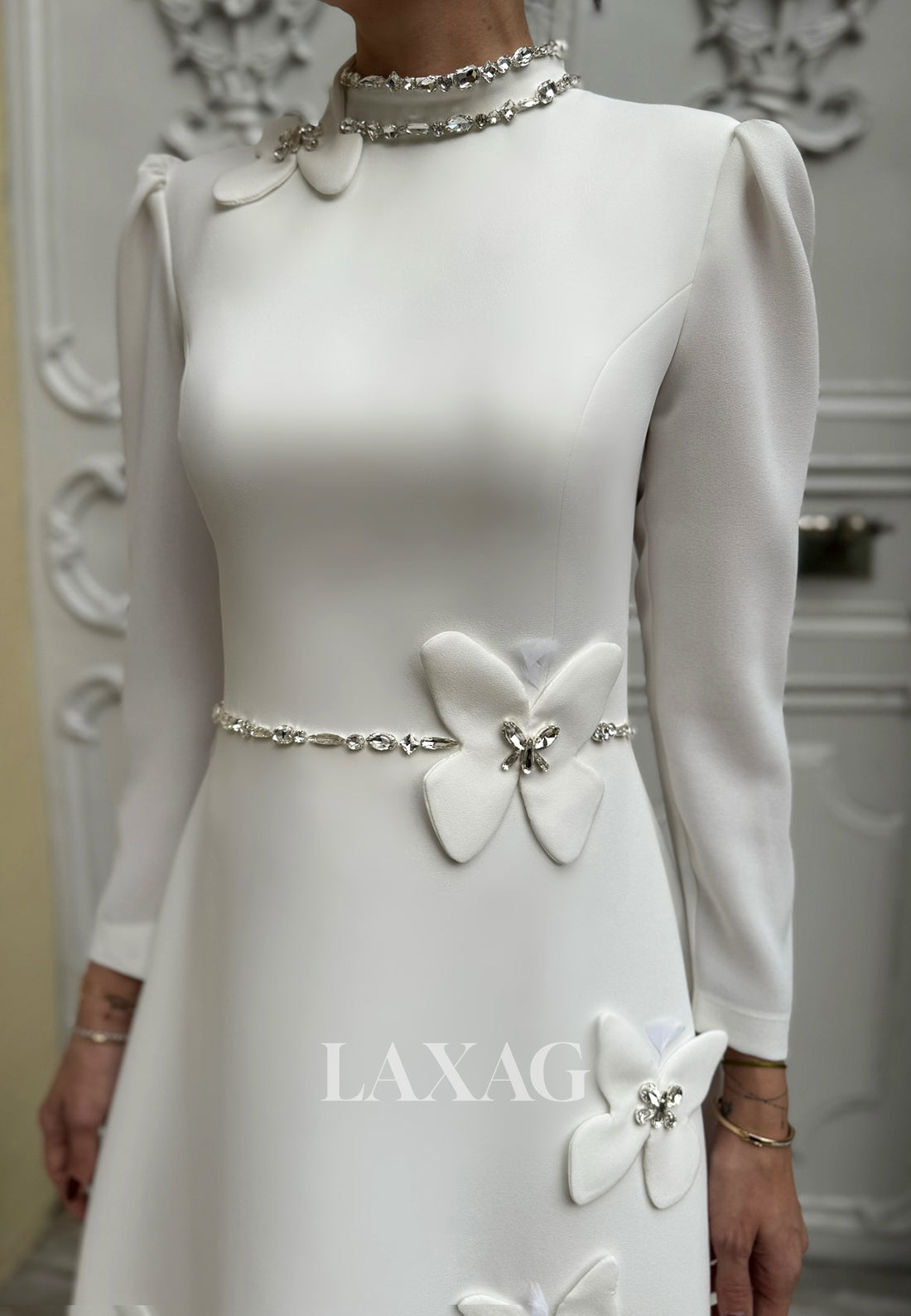 Beaded High-Neck Long-Sleeves Bride Gowns Butterfly Embellished Ankle-Length Wedding Dress
