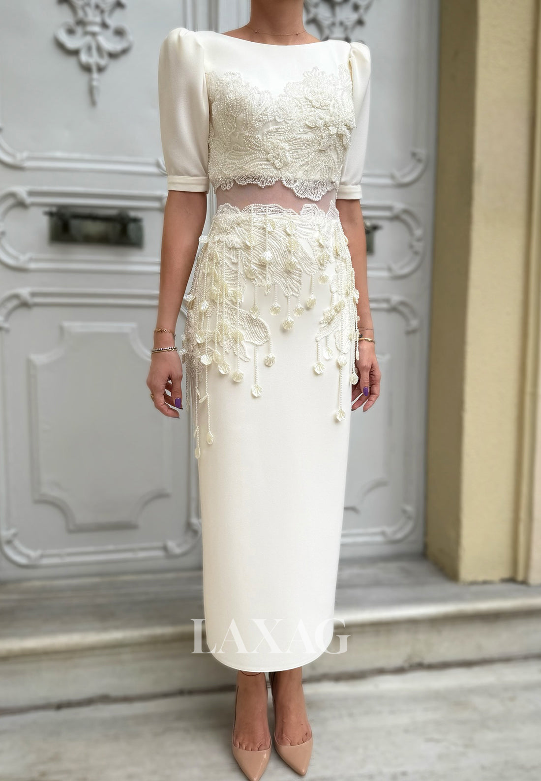 Scoop-Neck Half-Sleeves Ankle-Length Satin Beaded Sequined Applique Mermaid Wedding Dress