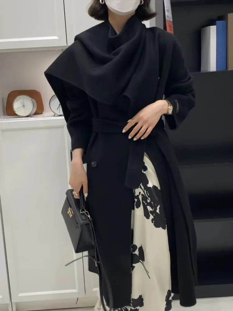 Scarf Collar Double-Breasted Wool Overcoat