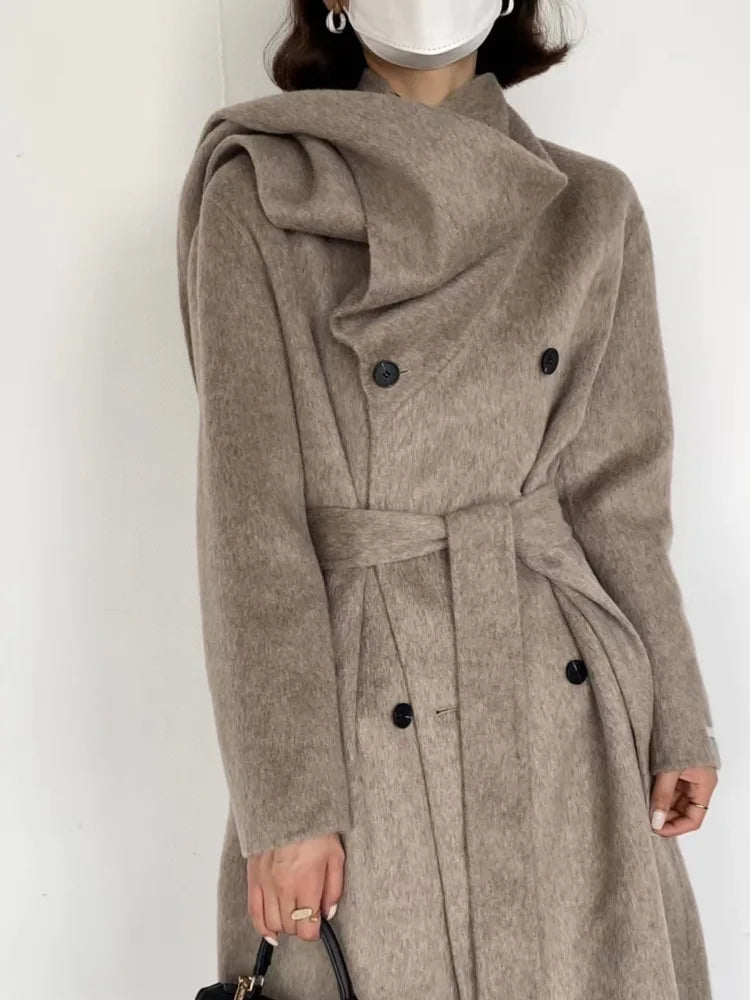 Scarf Collar Double-Breasted Wool Overcoat