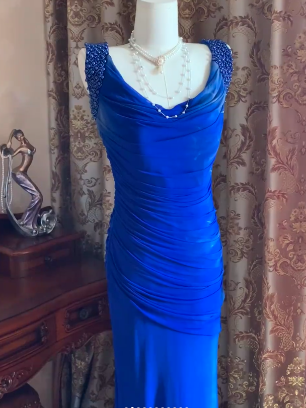 Sexy Royal Blue Tulle Pleated Beaded Mermaid Long Wedding Guest Dress Evening Dress D1716