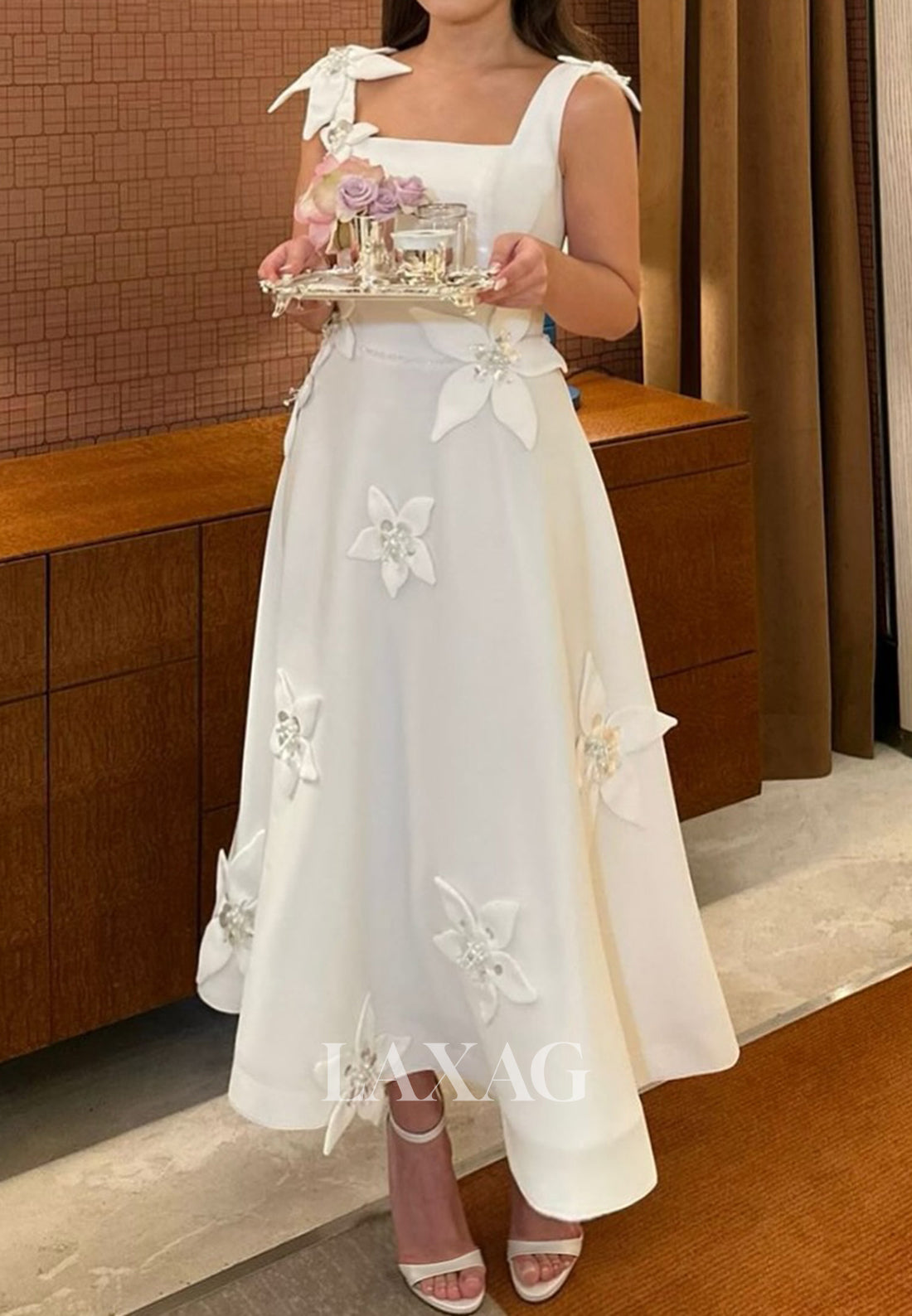 Sleeveless Straps Ankle-Length Bride Gowns Square-Neck Floral Embellished A-Line Wedding Dress