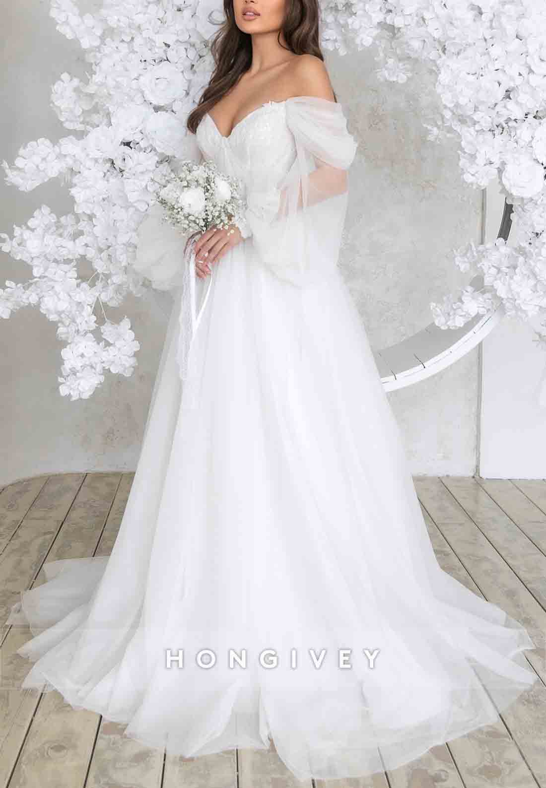 Low V-Neck Off the Shoulder Sweep Train Long Sleeves A-Line Tie Back Wedding Dresses