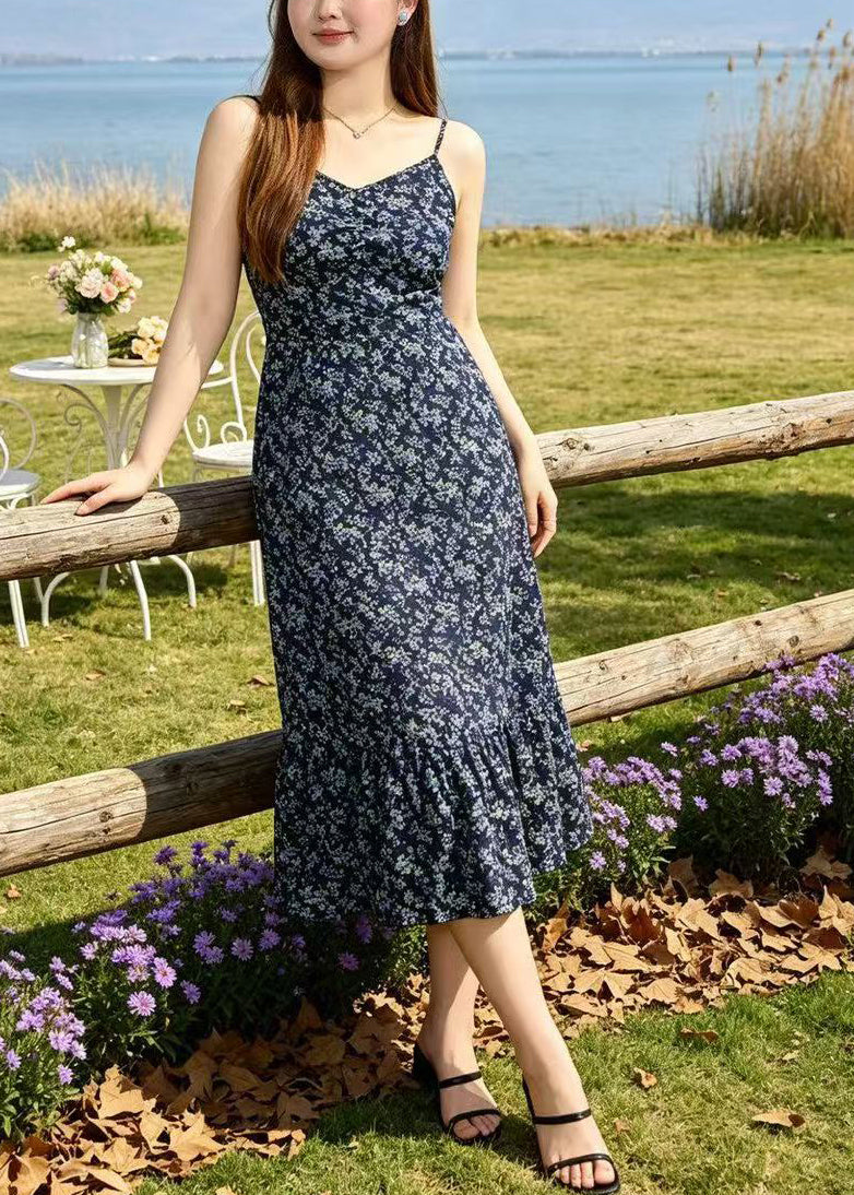 Ditsy Floral Spaghetti Strap V-Neck Ruched Bust Ruffle Hem Midi Dress