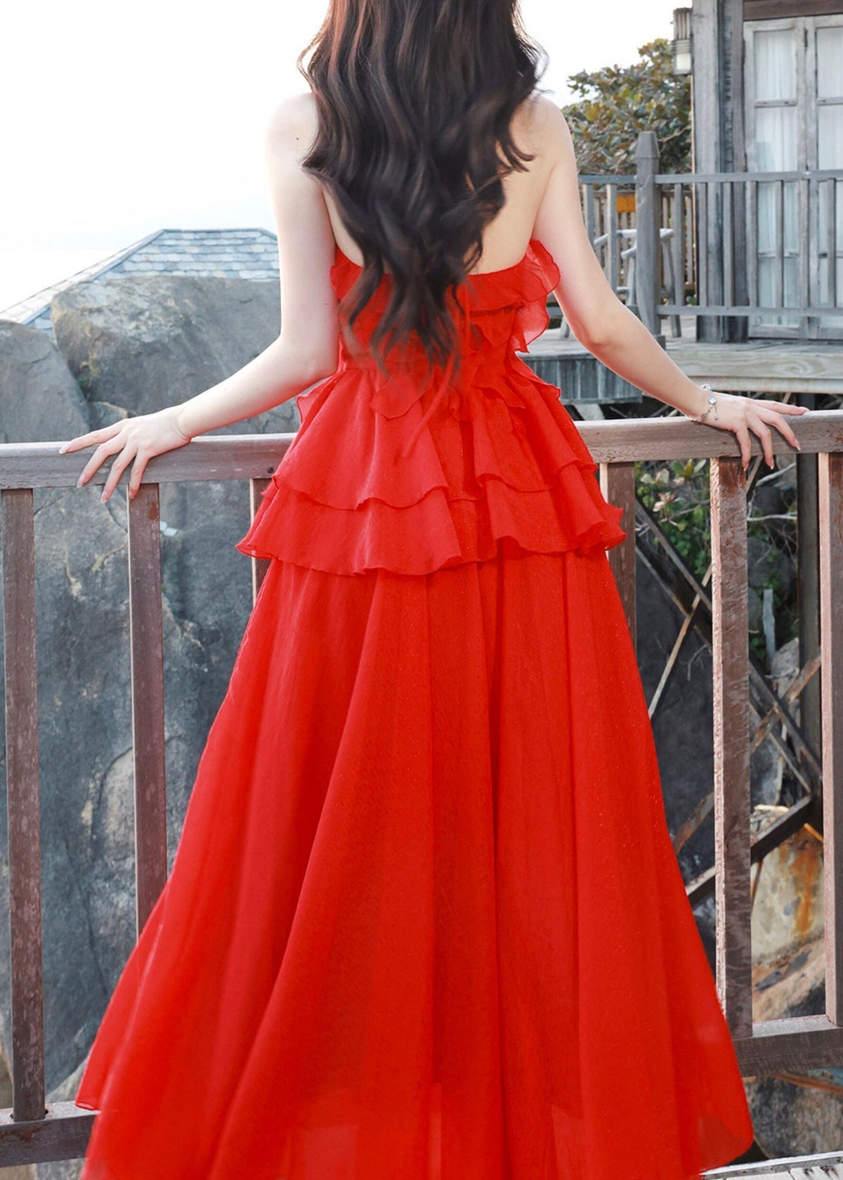 Tulle Halter Neck Ruffle 3D Floral Tiered Fit and Flare Maxi Dress - View 5