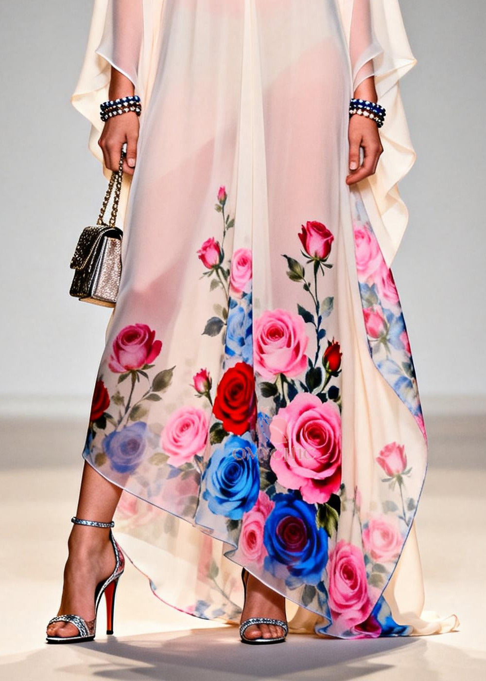 Sheer Chiffon Floral Trim V-Neck Kaftan Sleeve Rose Print Maxi Gown - View 4
