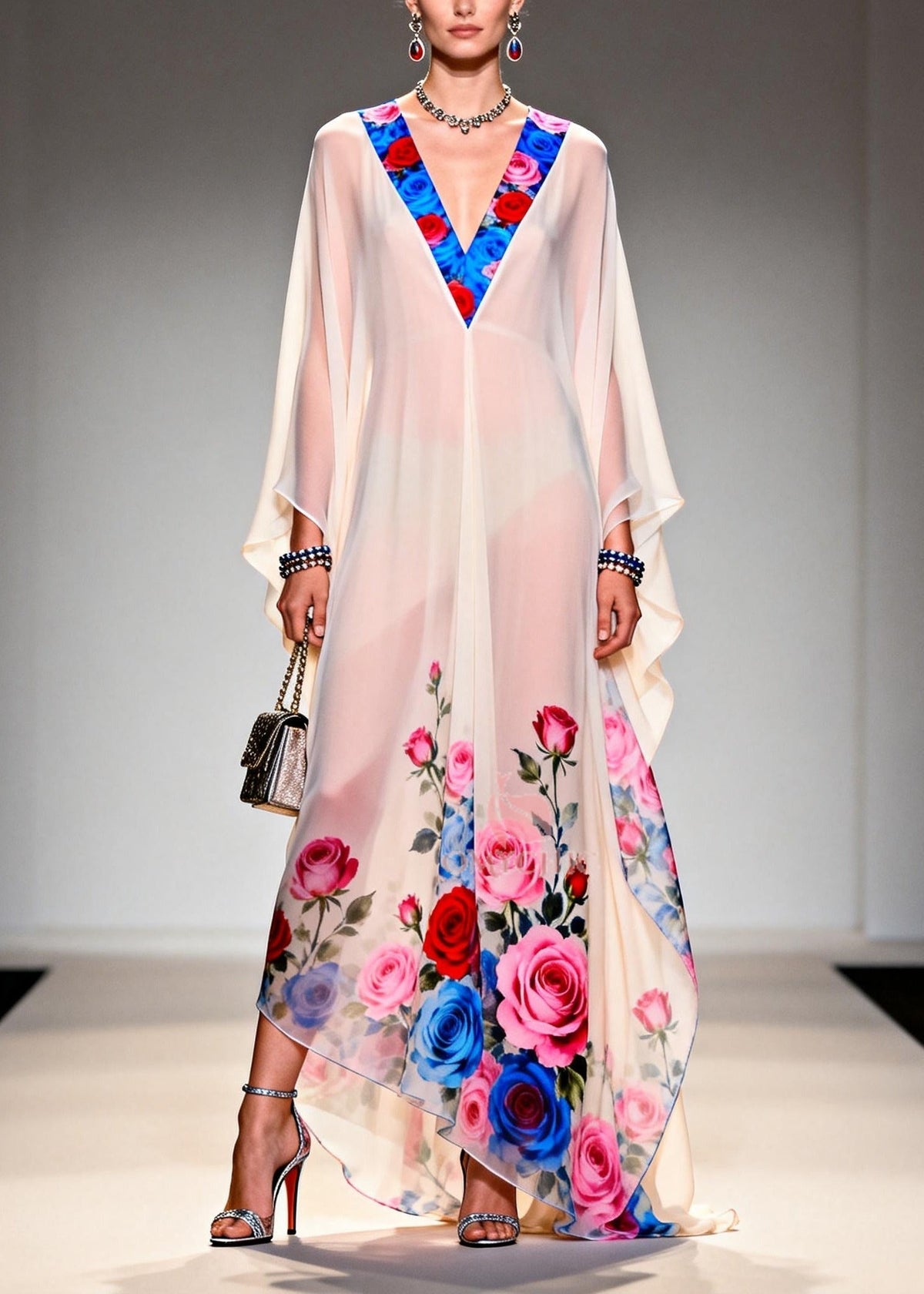 Sheer Chiffon Floral Trim V-Neck Kaftan Sleeve Rose Print Maxi Gown - View 5
