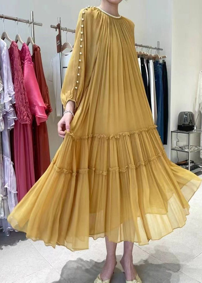 DIY Yellow O-Neck Nail bead Ruffled Silk Dress Long Sleeve - View 3