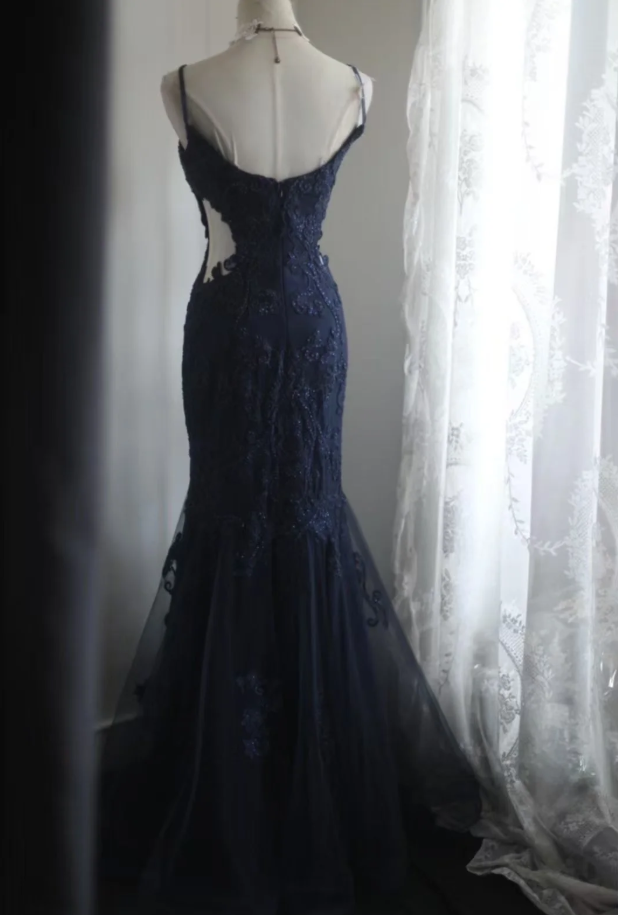 Elegant Spaghetti Straps Navy Blue Tulle Lace Appliques Mermaid Evening Dress Birthday Outfits D1268