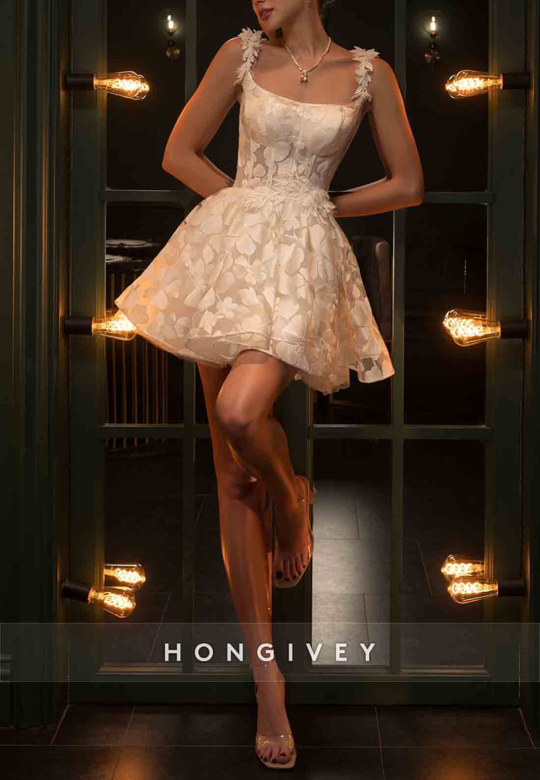 Shoulder Flower Square A-Line Covered Button Sleeveless Short Wedding Dresses