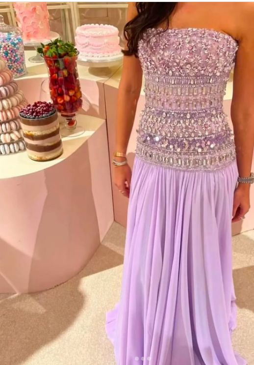 Classy Strapless Purple Chiffon Beaded Long Party Dress Evening Gown D1278