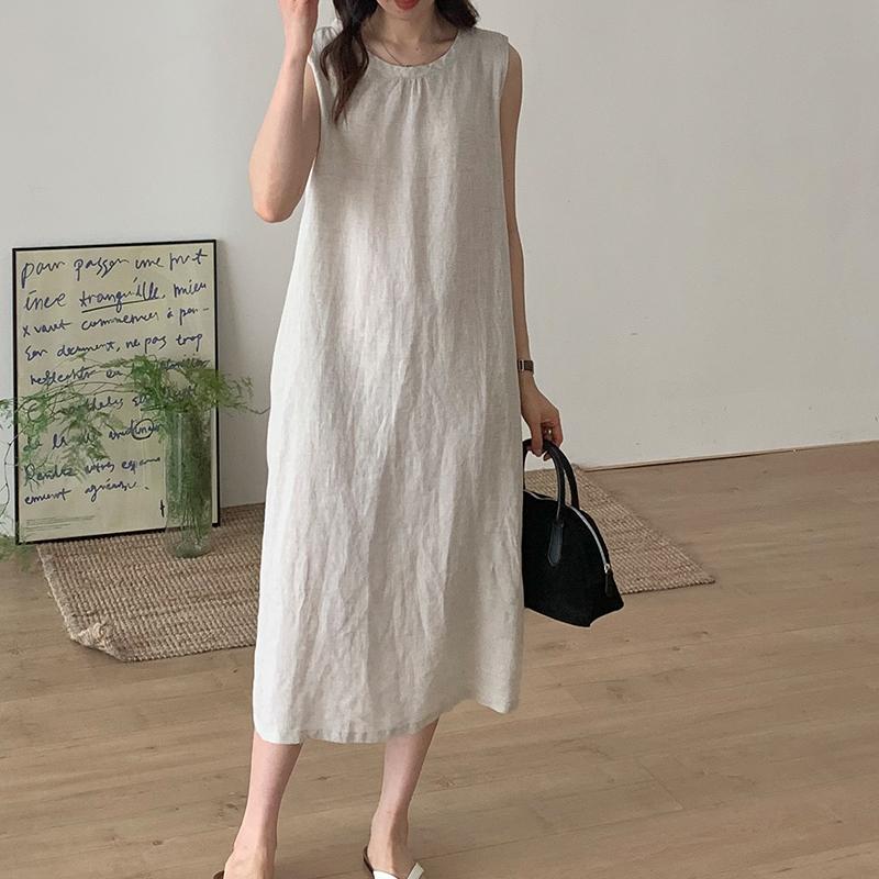 Round Neck Sleeveless Shift Linen Midi Dress Summer