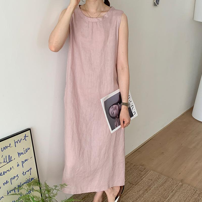 Round Neck Sleeveless Shift Linen Midi Dress Summer 11