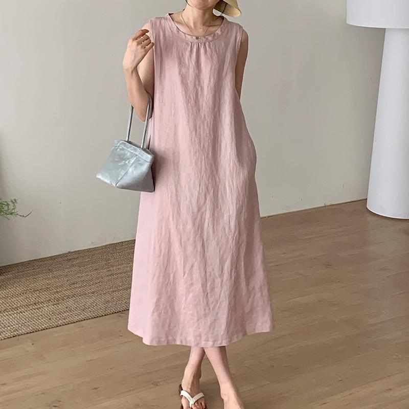 Round Neck Sleeveless Shift Linen Midi Dress Summer 3