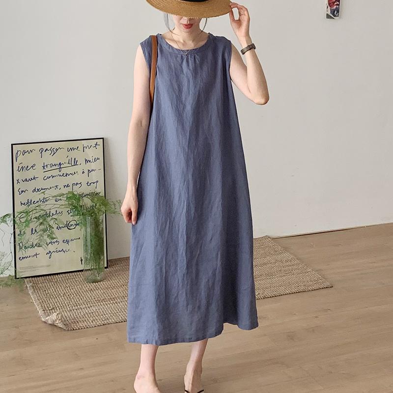 Round Neck Sleeveless Shift Linen Midi Dress Summer 13