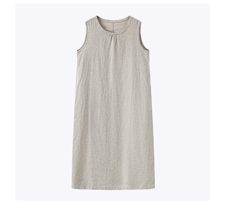 Round Neck Sleeveless Shift Linen Midi Dress Summer 17