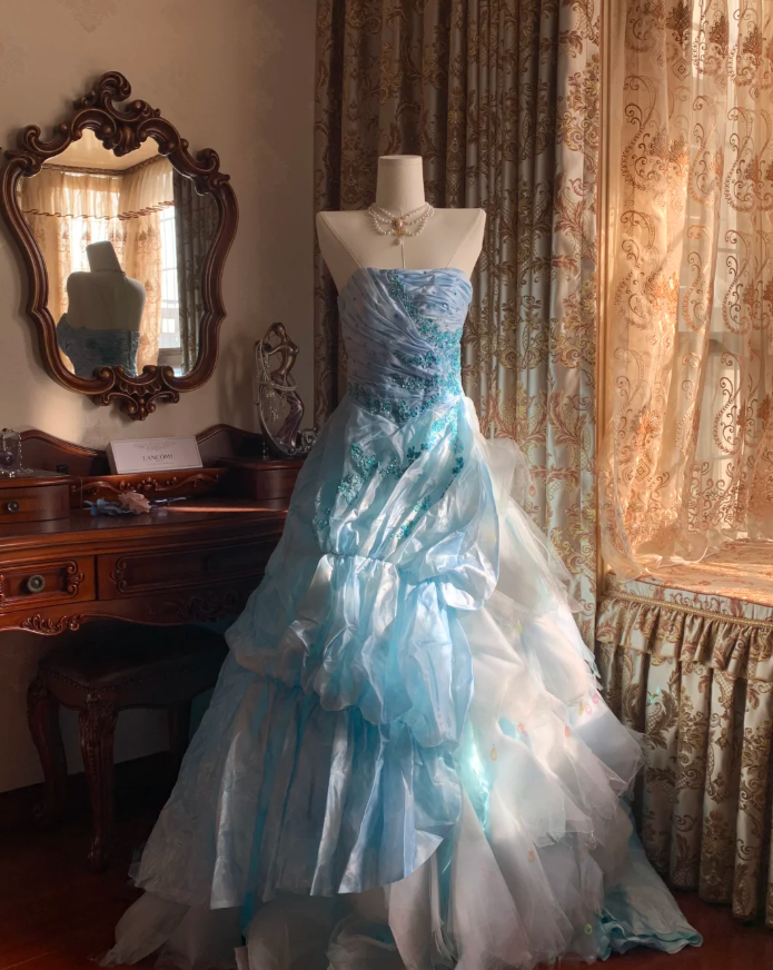 Elegant Blue Strapless Tulle Satin Appliques Long Party Dress Birthday Prom Gown D1772