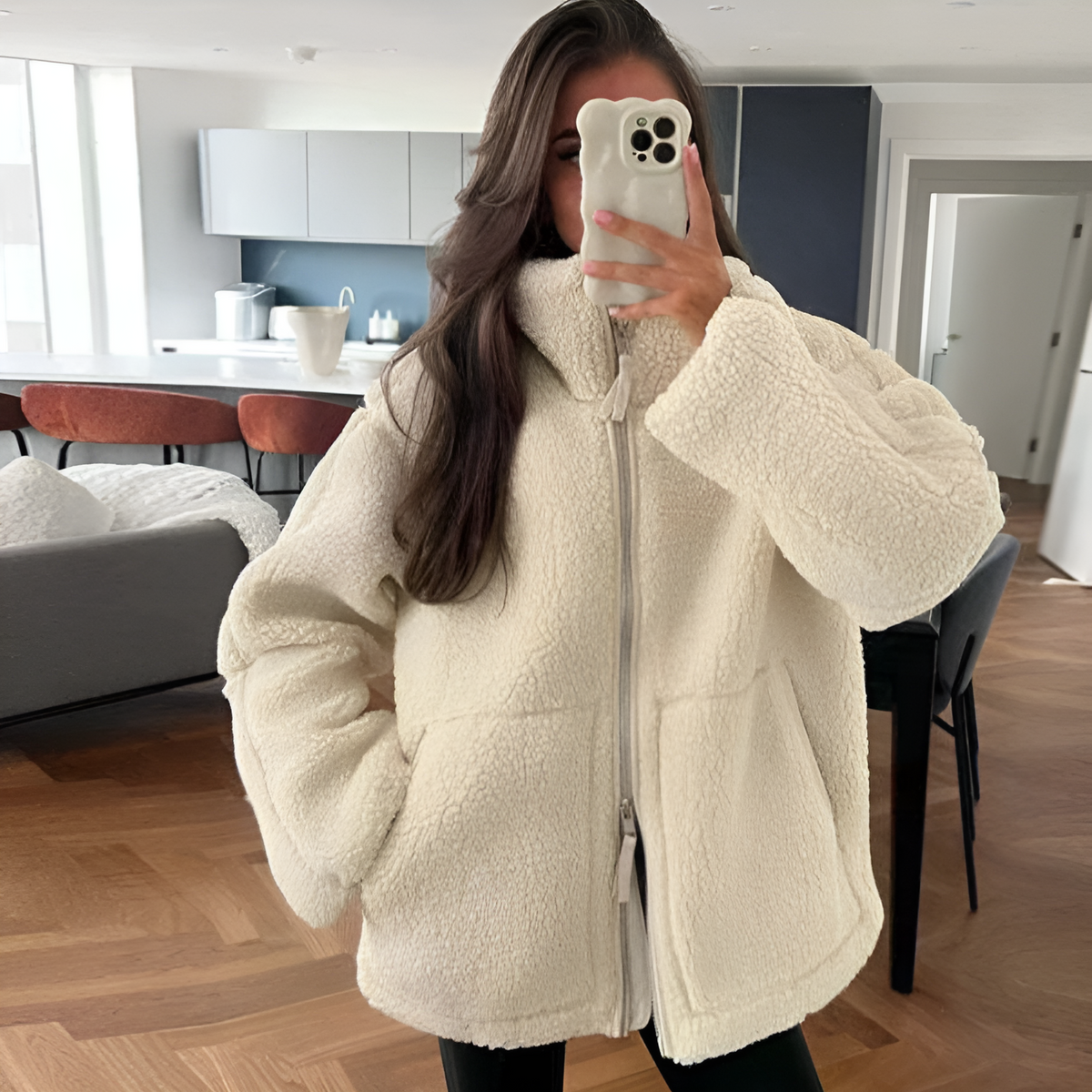 Faux Shearling Zip Front Collared Teddy Jacket 2
