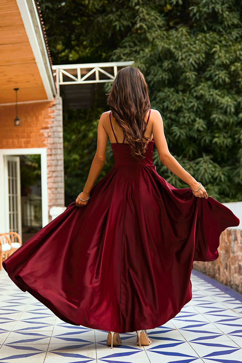 Burgundy Satin Long Prom Dress - Fashionpara