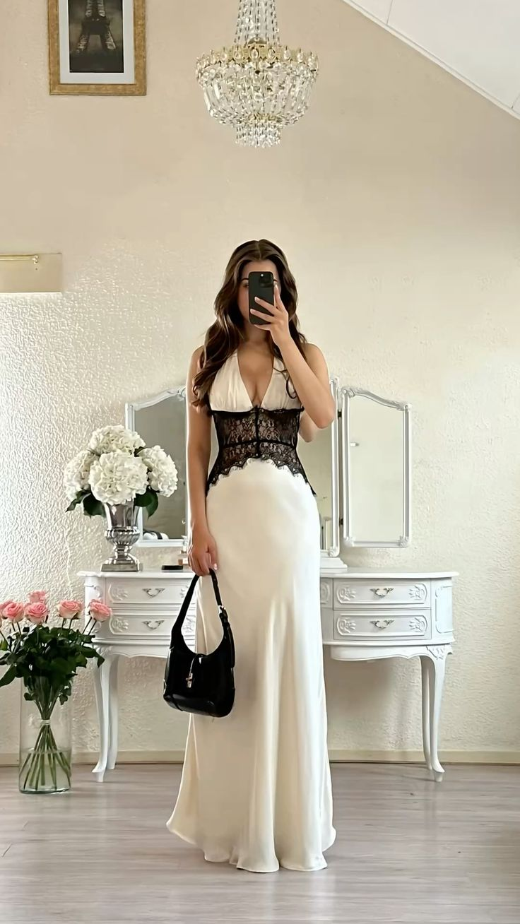 Pretty Halter Ivory V Neck Satin Lace Mermaid Long Party Dress Formal Wedding Guest Dress D1745