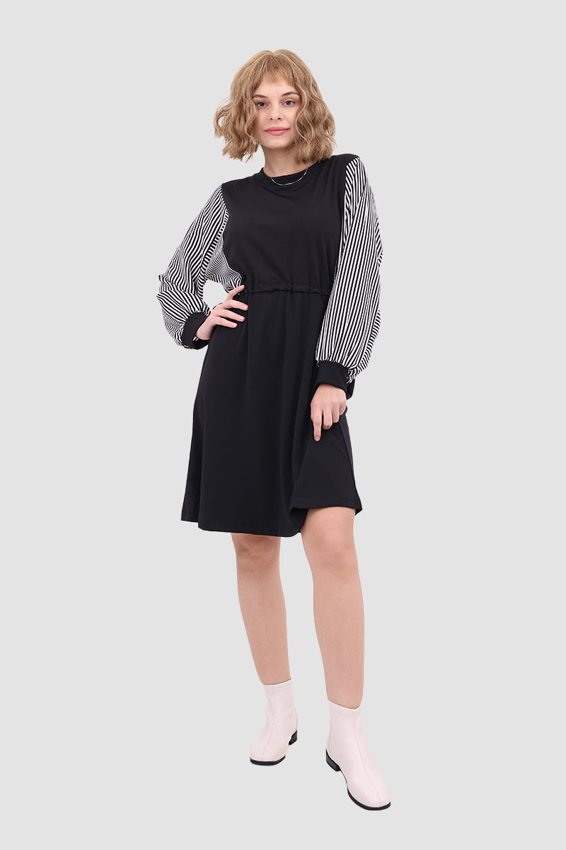 Striped Panel Crew Neck Long Sleeve Drawstring Mini Dress