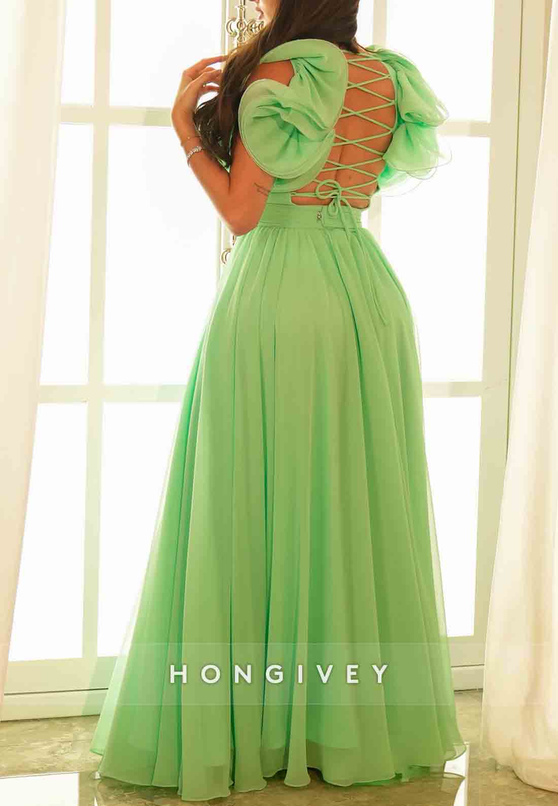 Crisscross Back Floor-Length A-Line Pleated Shoulder Flower Wedding Guest Dress