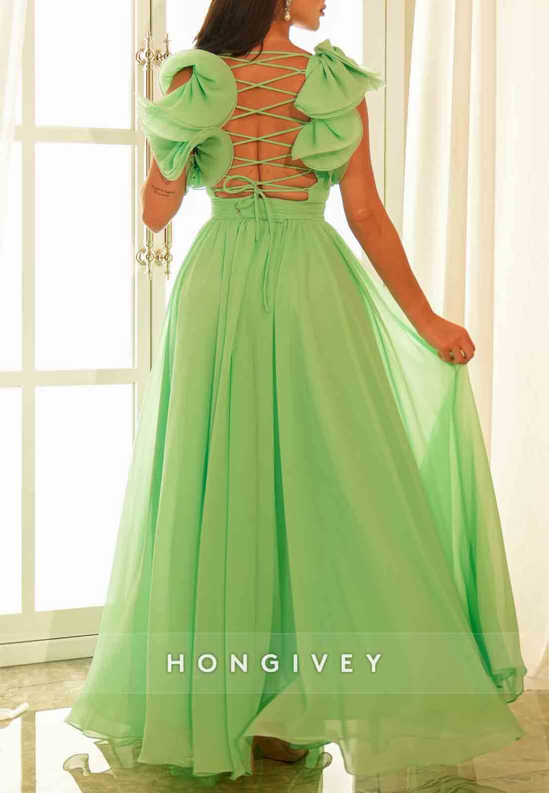 Crisscross Back Floor-Length A-Line Pleated Shoulder Flower Wedding Guest Dress