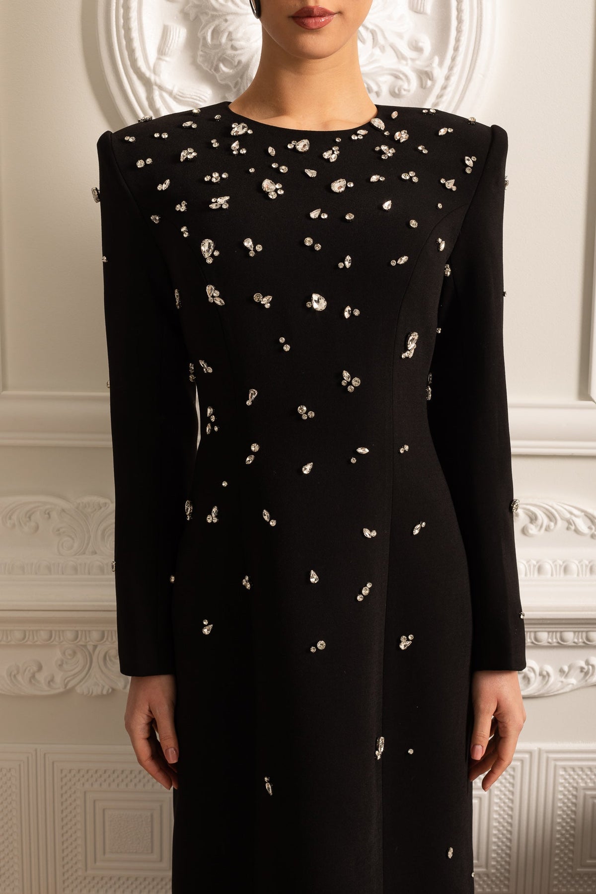 Crystal Embellished Padded Shoulder Long Sleeve Floor Length Gown - View 7