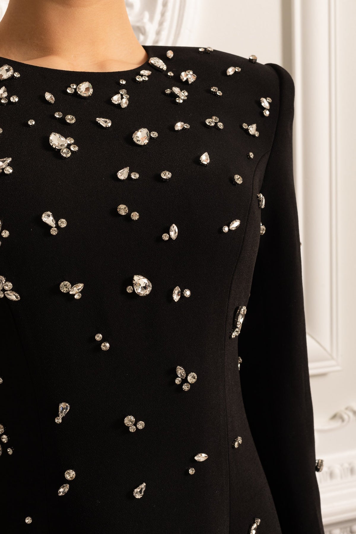 Crystal Embellished Padded Shoulder Long Sleeve Floor Length Gown - View 8