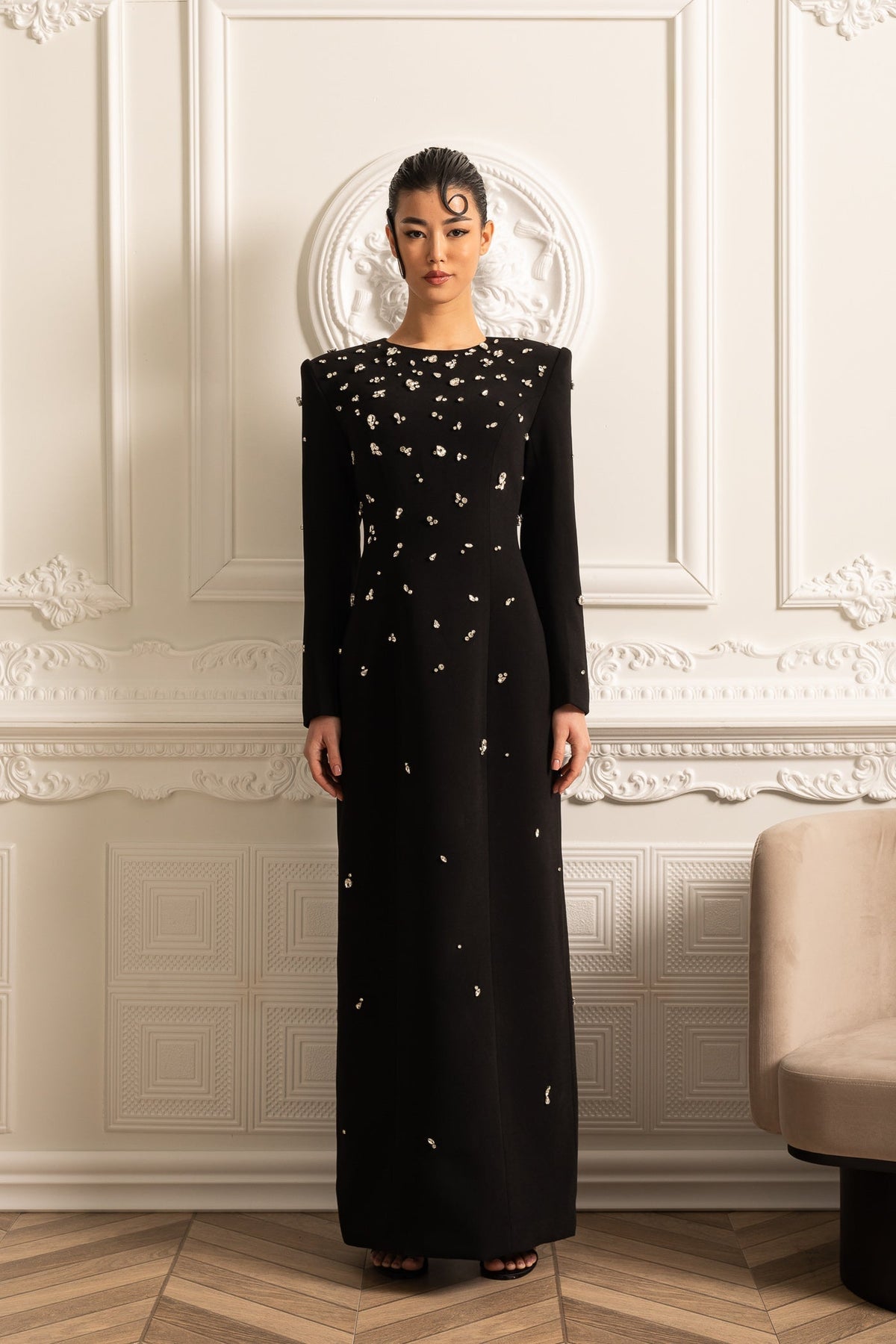 Crystal Embellished Padded Shoulder Long Sleeve Floor Length Gown - View 10