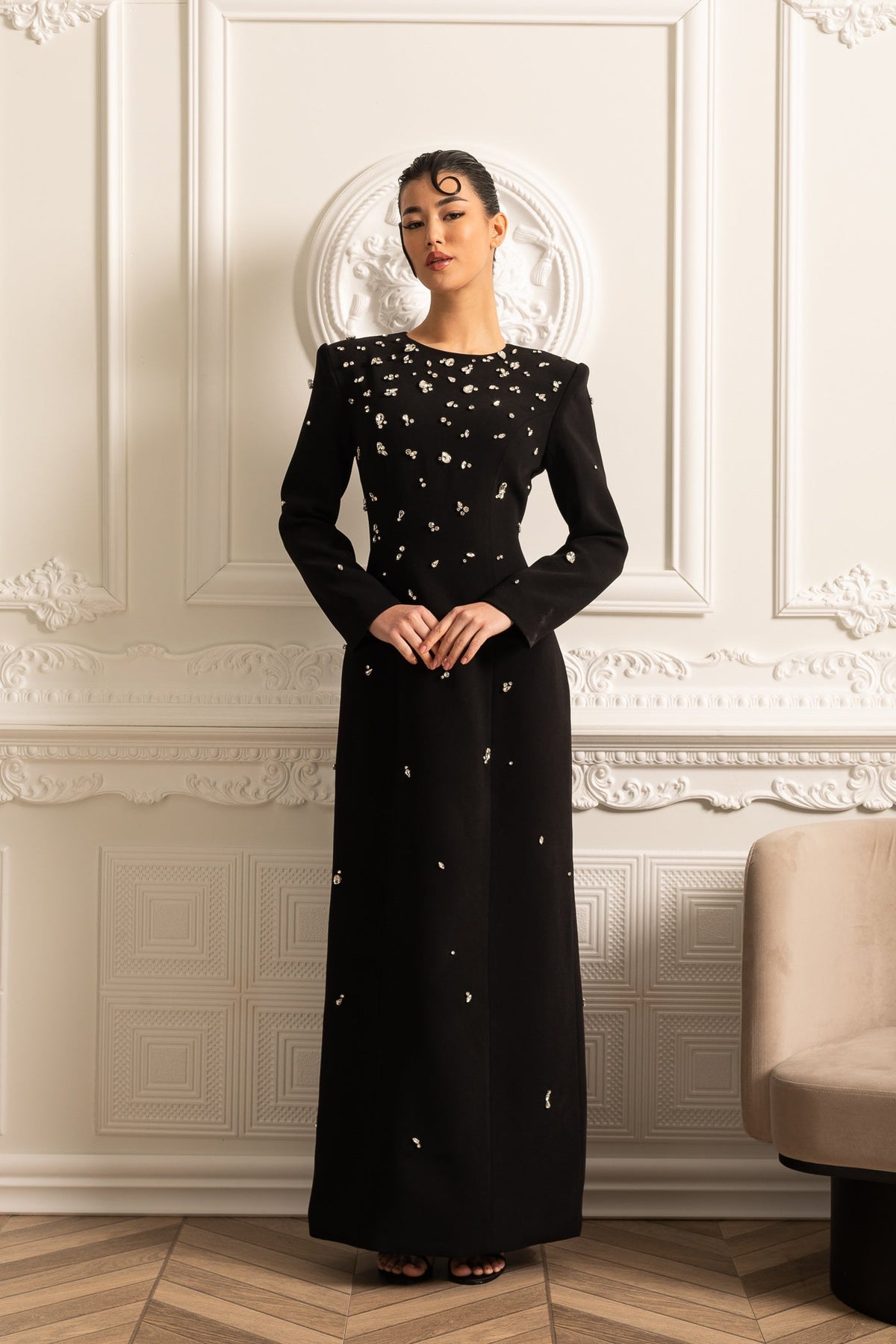 Crystal Embellished Padded Shoulder Long Sleeve Floor Length Gown - View 5