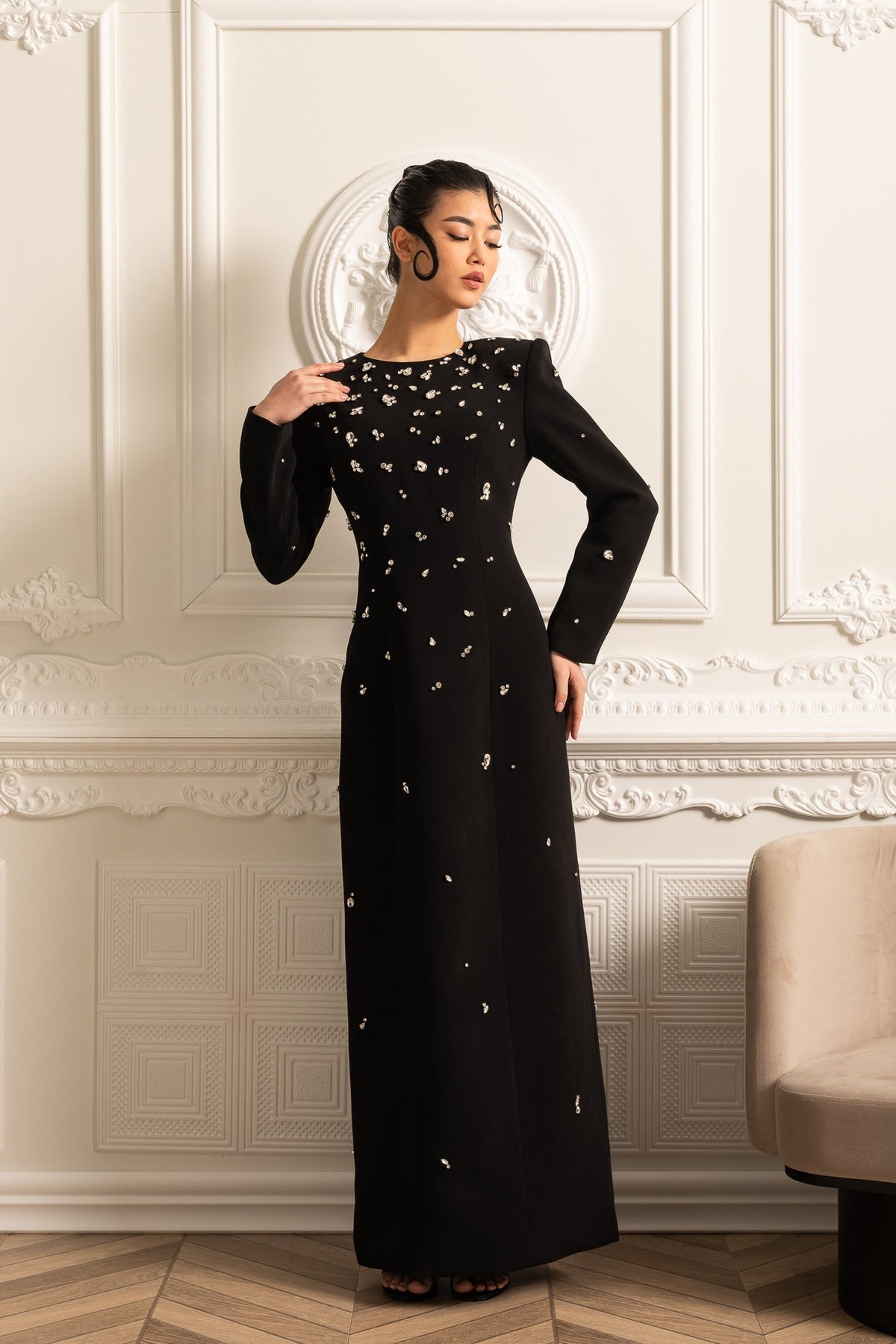 Crystal Embellished Padded Shoulder Long Sleeve Floor Length Gown - View 4