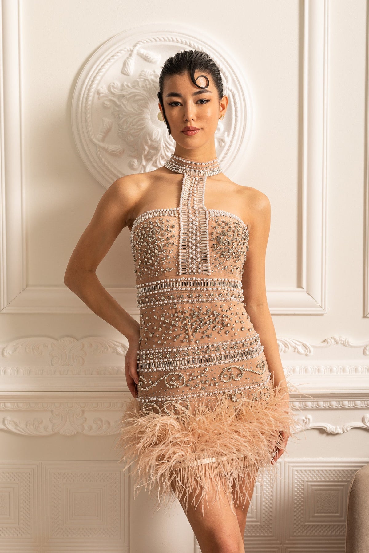 Halter Neck Pearl Crystal Embellished Feather Hem Mini Dress - View 9