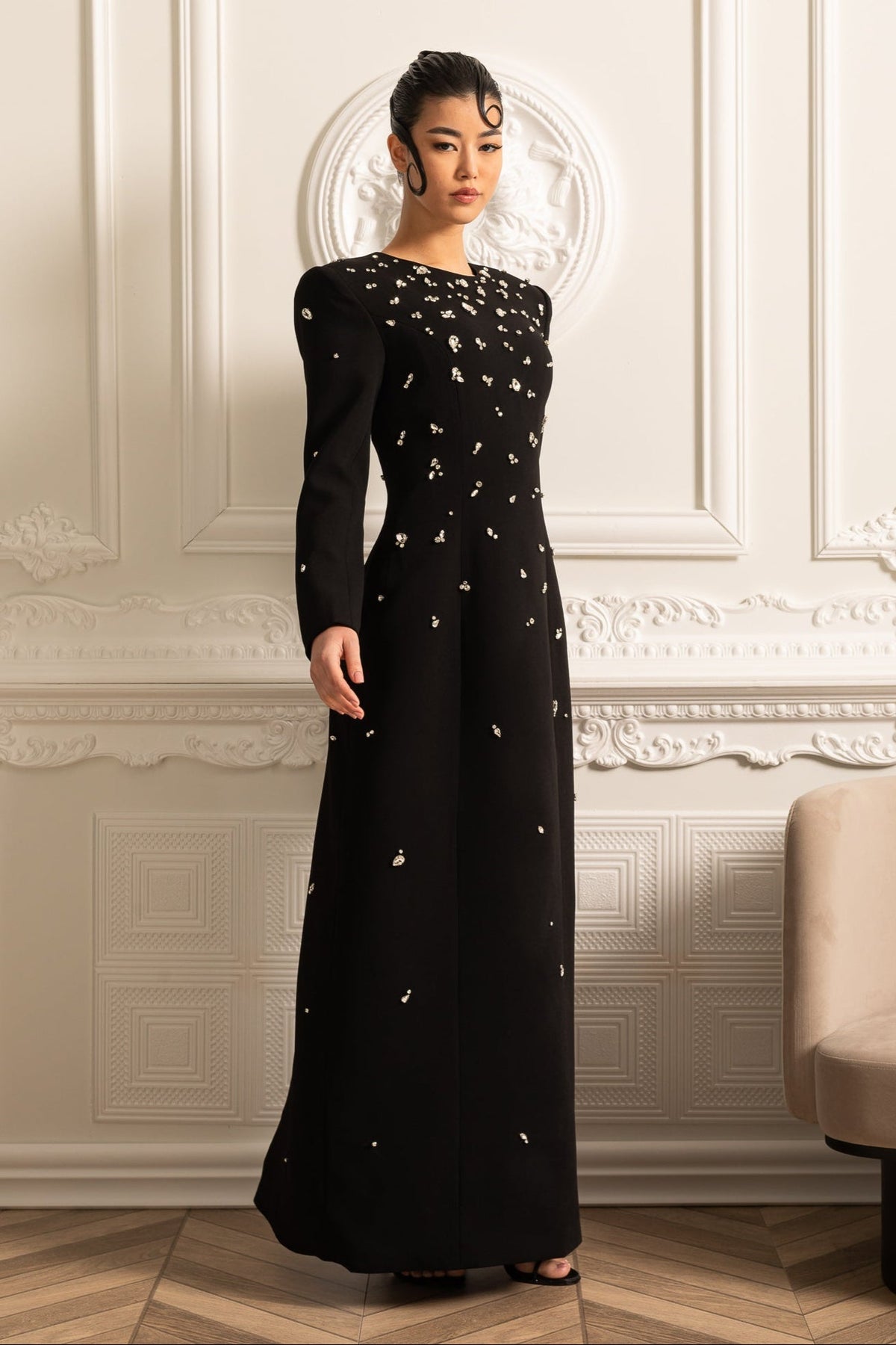 Crystal Embellished Padded Shoulder Long Sleeve Floor Length Gown