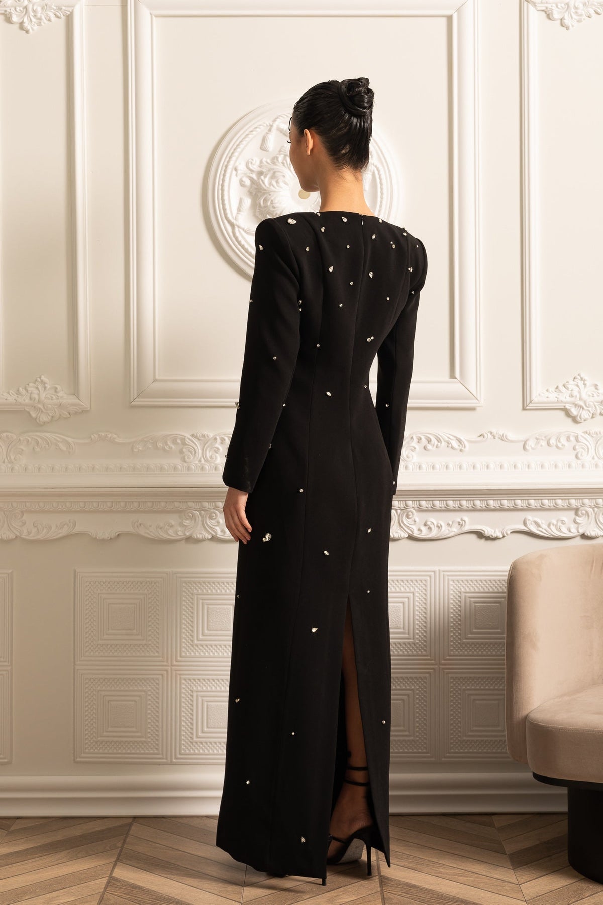 Crystal Embellished Padded Shoulder Long Sleeve Floor Length Gown - View 13