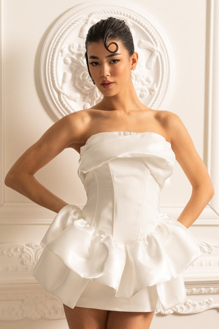 Mini Satin Dress With Fitted Bodice And Ruffled Skirt - White - View 2