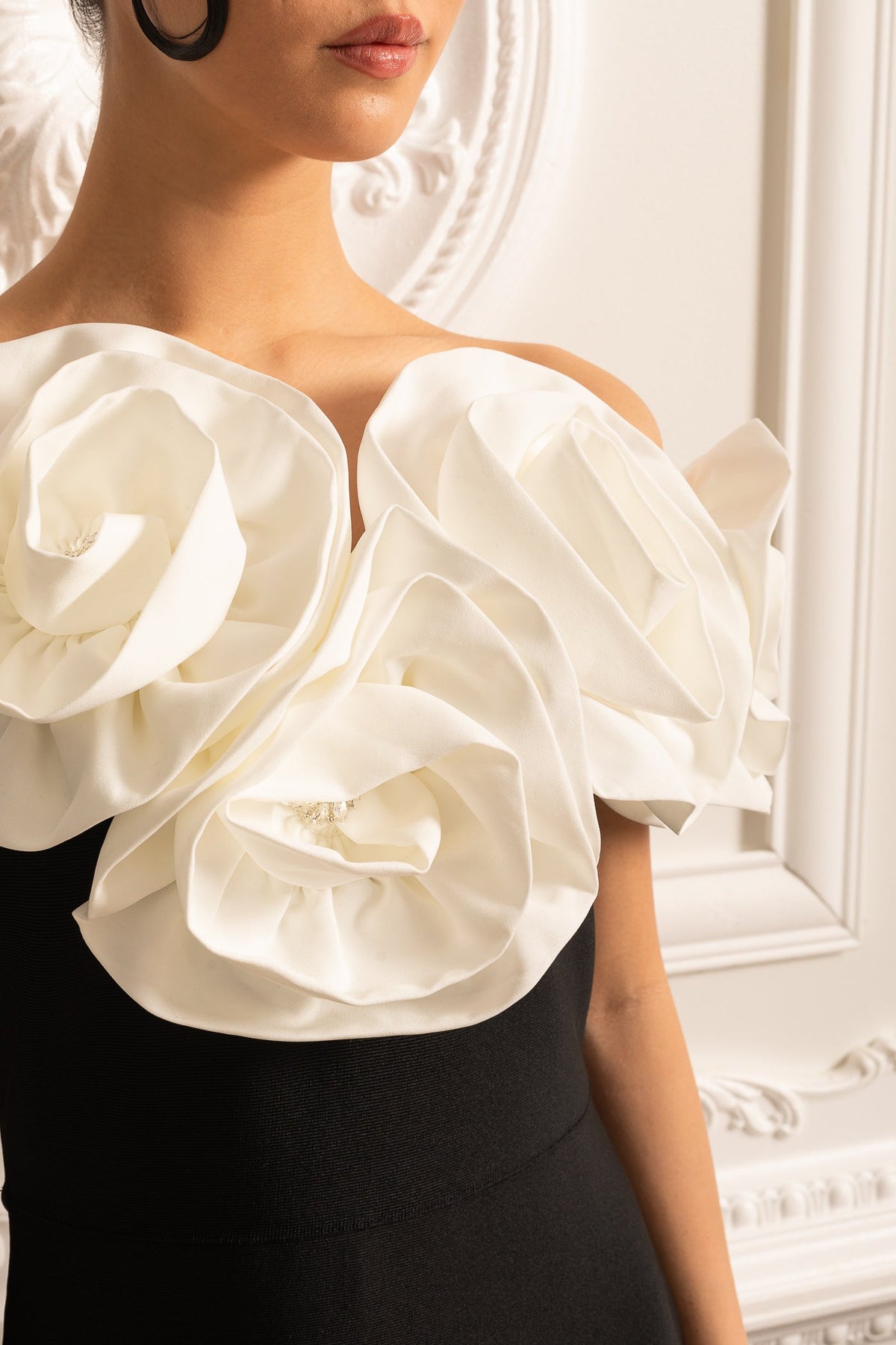 Off Shoulder Oversized Rosette Neckline Column Maxi Gown - View 7